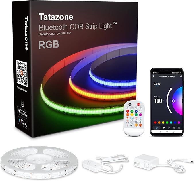 Tatazone 32.8ft Bluetooth RGB COB Led Strip Lights with Remote, Dimmable Smart App Led COB Light Strip, Color Changing Music Sync, Indoor RGB Led Lights for Bedroom, Home Decor, Party