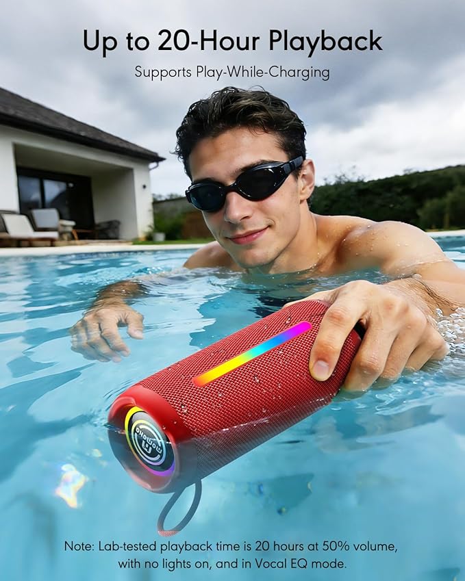 Portable Bluetooth Speaker, IPX7 Waterproof Wireless Speaker, 30W Loud Stereo Sound with Deep Bass, Bluetooth 5.4, EQ Mode for Home/Outdoor/Travel, Birthday Gifts for Adults Men Women Teen (Red)