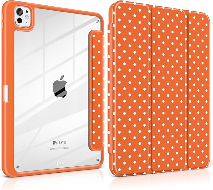 Case for iPad Pro 11 Inch (M5 2025 M4 2024) – [Built-in Pencil Holder], Shockproof & Stylish, Clear Hard Back + Soft TPU Edge, Magnetic Trifold Stand, Auto Wake/Sleep, Orange White dot