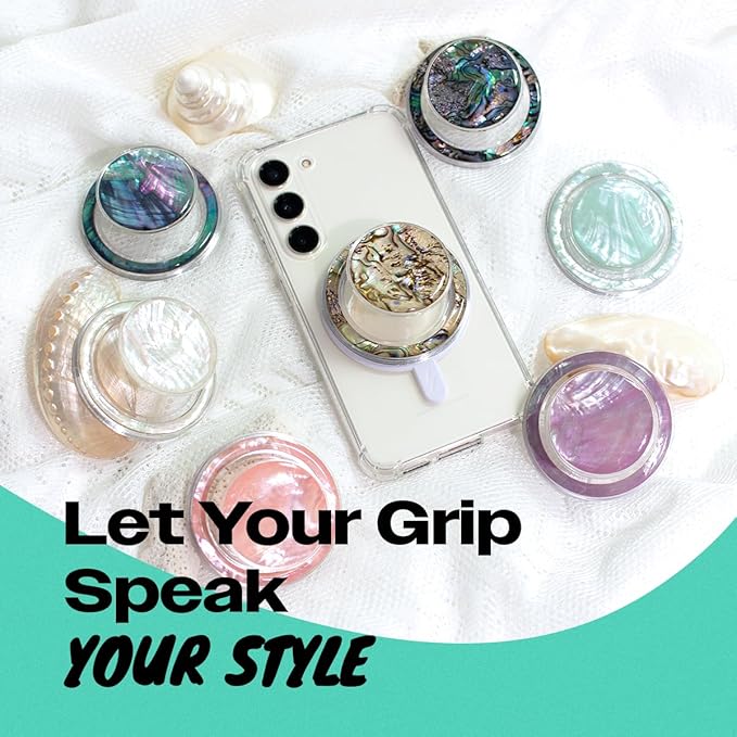 On The Grip Magnetic Phone Grip for MagSafe, Genuine Natural Crystal & Seashell Stone, Swappable Top, Strong Magnet Holder & Kickstand for iPhone 15 14 13 12 Pro Max Plus & MagSafe Cases (Violet)