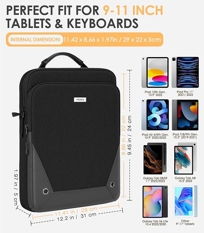 MoKo 9-11 Inch Tablet Sleeve Bag 360° Protetive Carrying Case Compatible with iPad 10th 10.9, iPad Air 5/4th 10.9, iPad 9/8th 10.2, iPad Pro 11, Tab S8/S9 11, with Handle and Shoulder Strap, Black