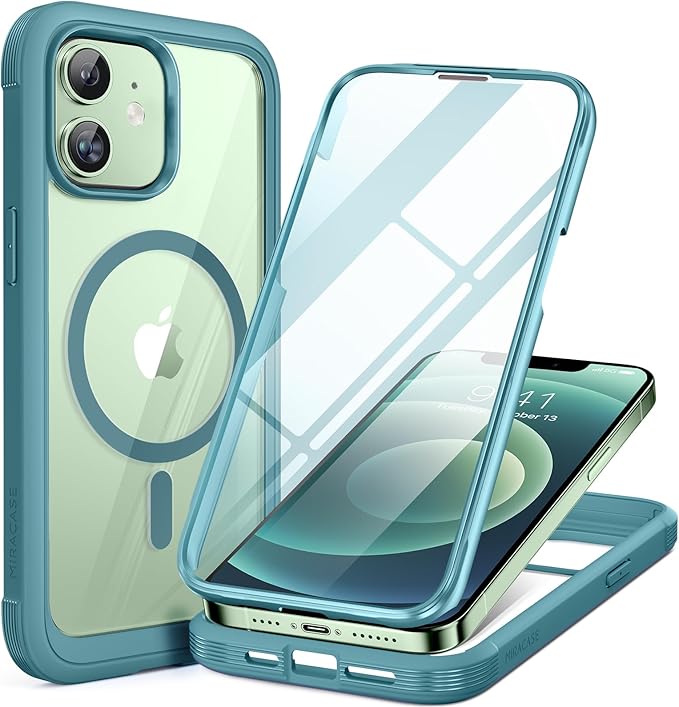 Miracase Glass Series Designed for iPhone 12/12 Pro 6.1 Inch, Upgrade Full-Body Magnetic Case with Built-in 9H Tempered Glass Screen Protector, with Camera Lens Protector, Magnetic Green