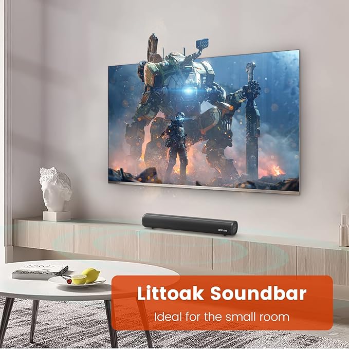 LITTOAK HDMI Sound Bar for Smart TV, Small TV Sound Bar Speakers, Optical/HDMI/Aux/Coax/USB/Bluetooth Connection for TV, PC, Projectors, Includes Remote Control, 16 inch