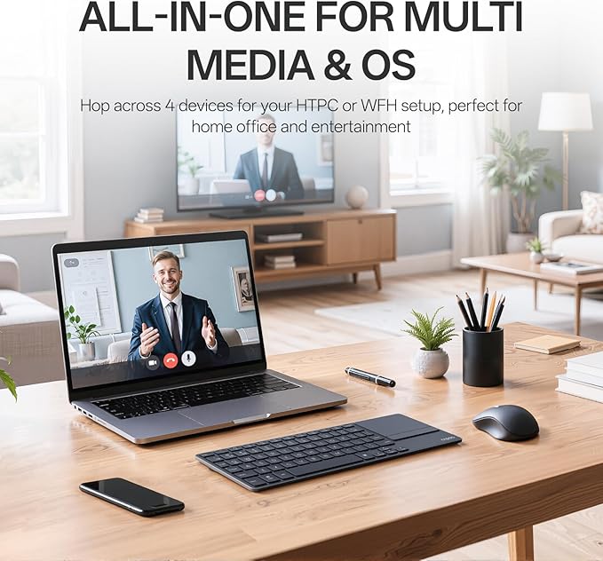 Rapoo Portable Wireless Keyboard with Touchpad, Multi-Device HTPC Keyboard for PC-Connected TV/Tablet/Steam Deck/Gaming Console/Raspberry Pi/Mini PC - Support Touch Gestures for Windows & Mac, Black