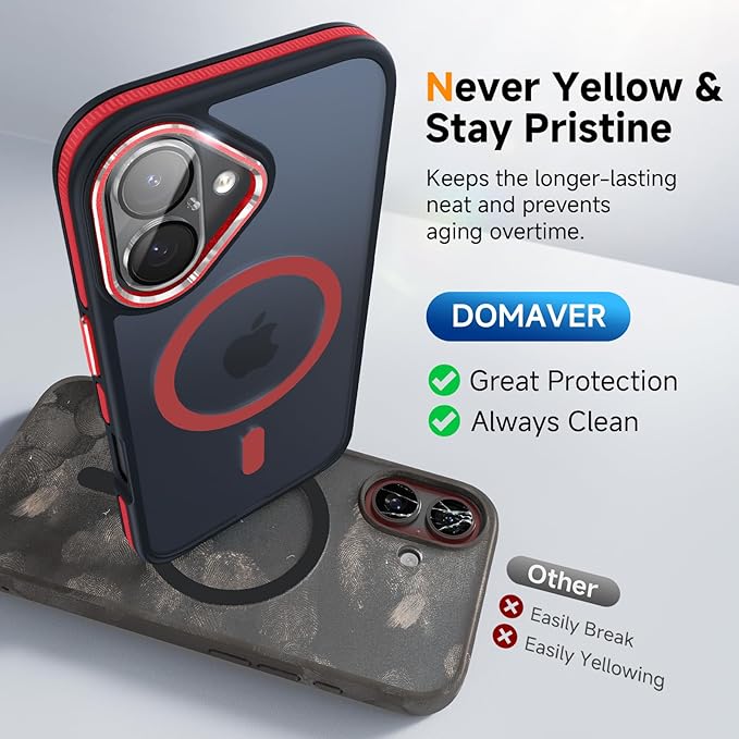 DOMAVER Magnetic 3 in 1 for iPhone 16 Case, [Omni-Directional Protection] with 1x Screen Protector + 1x Camera Cover, [Seamless Work with Magsafe] Protective Silm Case for iPhone 16 Red
