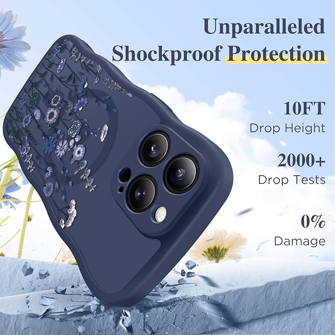 GVIEWIN for iPhone 15 Pro Case Compatible with MagSafe [Curly Wave Edge][Full Camera Protection] Floral Translucent Shockproof Magnetic Women Phone Case for iPhone 15 Pro 6.1'', Floratopia/Blue