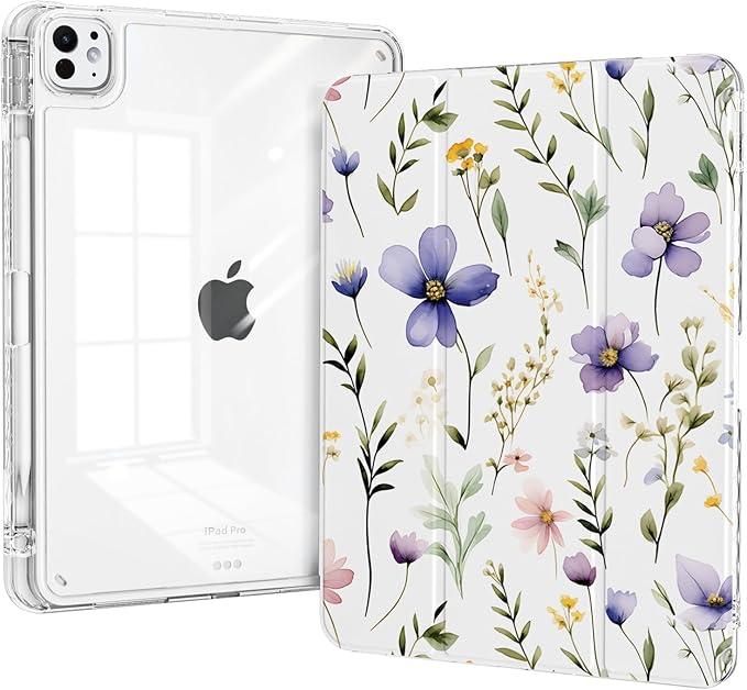 Trifold Case for ipad Air 11 Inch (M3 2025 & M2 2024) with Pencil Holder, ipad Air 5th/4th Generation 10.9" Case, Shockproof Clear Back Cover, Auto Sleep, Purple Floral