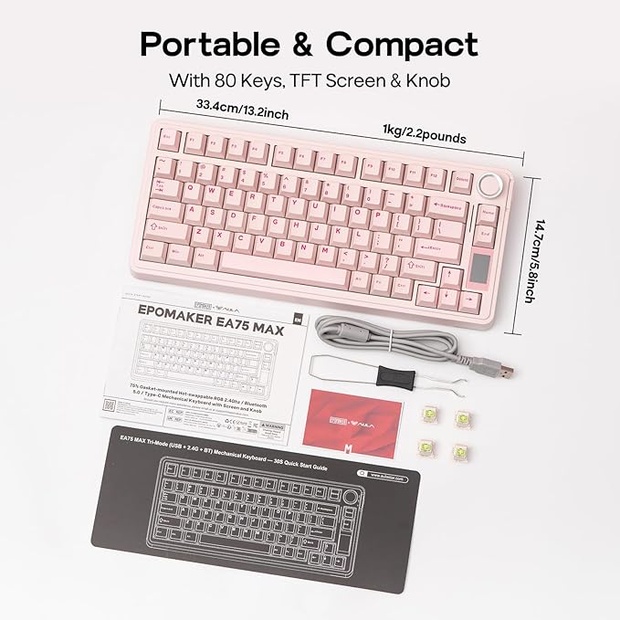 EPOMAKER X Aula EA75 MAX Wireless Gaming Keyboard with Screen & Knob, 5000mAh, Hot-Swap, Lubed Switches, RGB Backlit, Creamy Gasket, 75% Mechanical Keyboard (Pink, Silent Cotton Candy Switch)