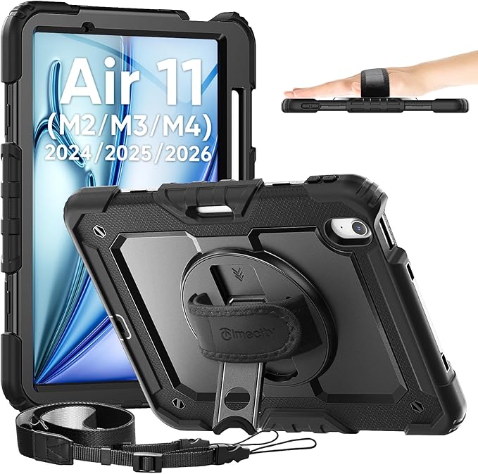 timecity Case for iPad Air 11 Inch M4 / M3 / M2 (2026/2025/ 2024), 360° Rotating Stand, Pencil Holder & Wireless Charging, Shockproof with Screen Protector & Shoulder Strap - for Designers, Black