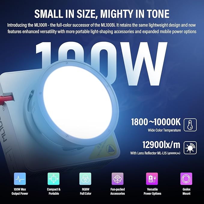Godox ML100R RGB COB LED Video Light with Battery/Carry Case/Light Stand, Godox Mount 110W Full-Color 1800K-10000K CRI 97+/TLCI 98+ 14 FX Effects Support APP Control for Studio/Live Streaming/Outdoor