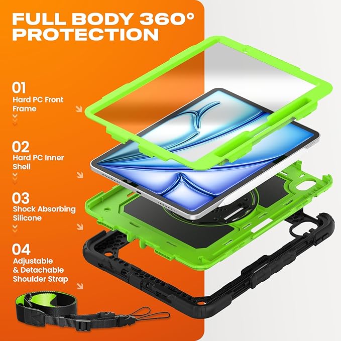 SEYMAC stock Case for iPad Air 11-inch M4-M2 2026-2024 (Gen 8-6), Shockproof Heavy Duty Case with Screen Protector, Pencil Holder, Rotating Stand, Hand Strap, Shoulder Strap, Green