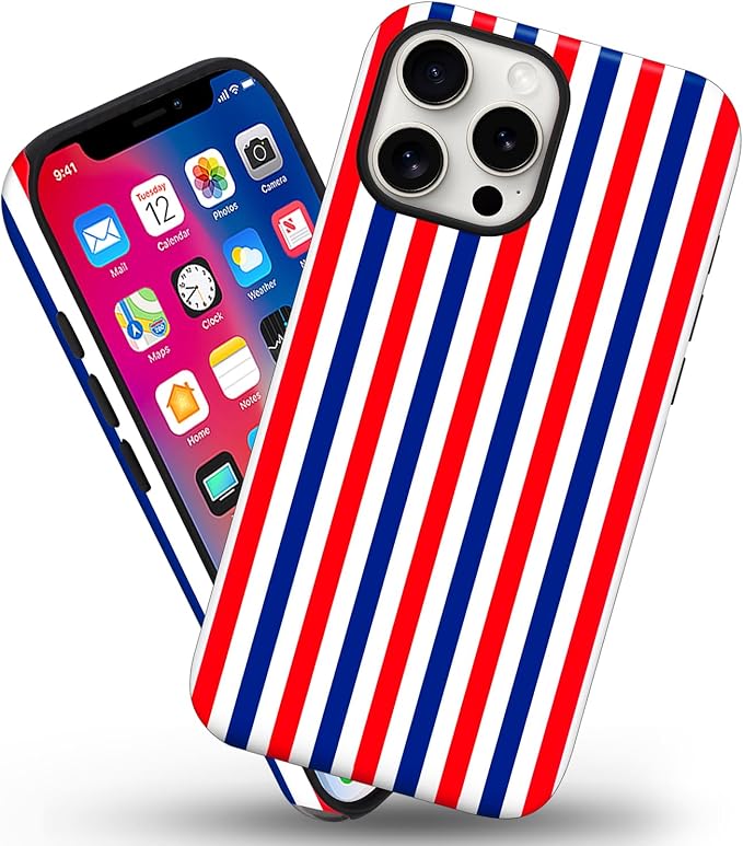 Magnetic for iPhone 13/14 Case Cute Stripes Phone Case, Shockproof Slim TPU and Hard PC Protective Phone Cover Compatible with MagSafe Designed for Women Girls, Red and Blue