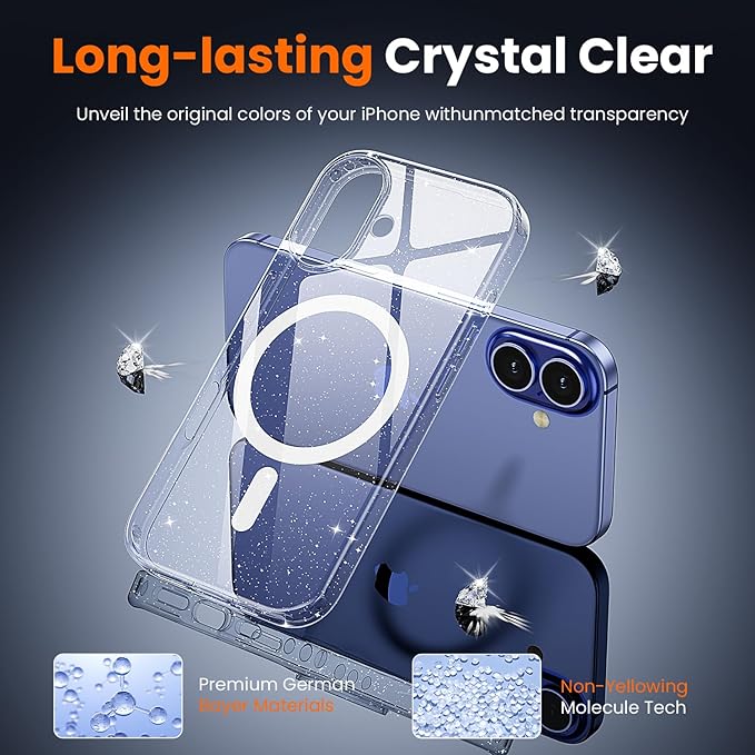 toushion 3 in 1 for iPhone 16 Case Clear with MagSafe, Not Yellowing, Screen Protector*1 Camera Lens Protector*1, Military-Grade Protection for iPhone 16 Phone Case 6.1 inch Clear Glitter