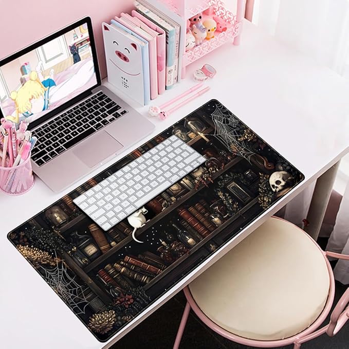 Dark Witchy Desk Mat Gaming Desk Pad Large Mouse Pad, Magician'S Fantasy Bookcase Gothic Mouse Mat XXL Laptop Keyboard Pad, Laptop Keyboard and Mouse Mat Desktop Protector Mat 31.5 X 15.7 in