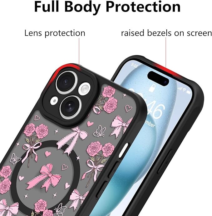 KANGHAR Case Compatible with iPhone 15 Bows Bouquet Pattern [Compatible with Magsafe] Cute Flowers Florals Protective Magnetic Case for Girls Women Men
