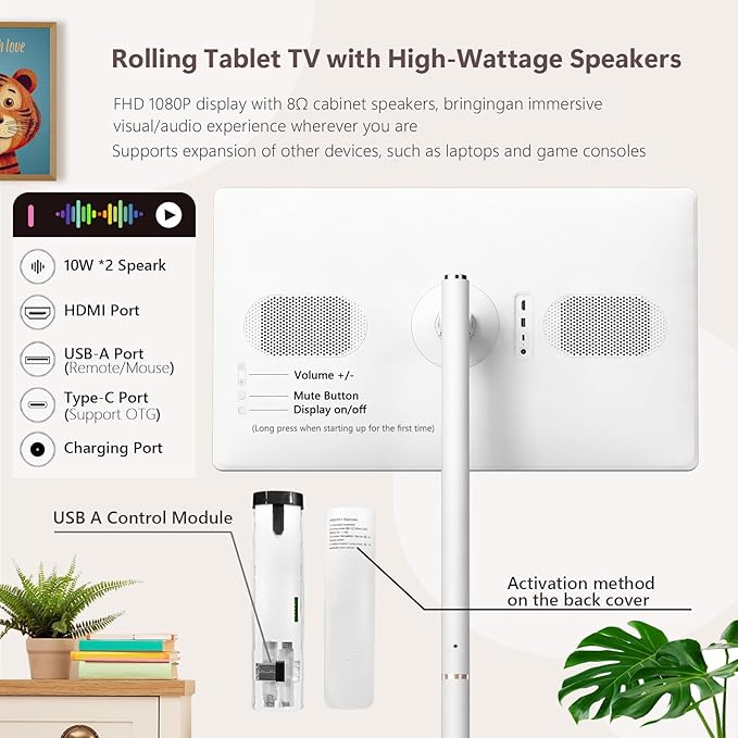 OFD 32" FHD Smart Portable TV on Wheels,Rolling TV Stand Tablet Android15 OS,6+128GB Storage,Built-in 9600mAh Battery,8MP Webcam,Speaker,Portable Smart TV Touchscreen with Remote,EDLA,Fully Rotatable