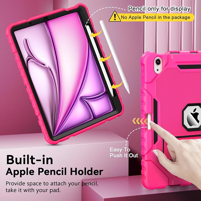 Grifobes Case for iPad Air 11-inch (M4/M3/M2) 2026/2025/2024, for iPad Air 5th/4th Generation 2022/2020 10.9", Heavy Duty Rugged Cover with Stand/Pencil Holder for i Pad Air 5 4 Gen(Hot Pink)
