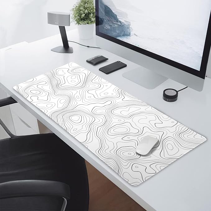 Topographic Map Large Mouse Pad XXL White Lines Contour Geographic Extended Desk Mat Big 90X40 CM Non-Slip Rubber Base Stitched Edge Long Mousepad,35.4 x 15.7 Inch