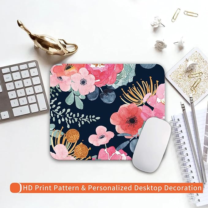Square Mouse Pad Pink Flower, Personalized Premium-Textured Custom Mouse Mat Design, Washable Mousepad Cloth, Non-Slip Rubber Base Computer Mouse Pads for Wireless Mouse