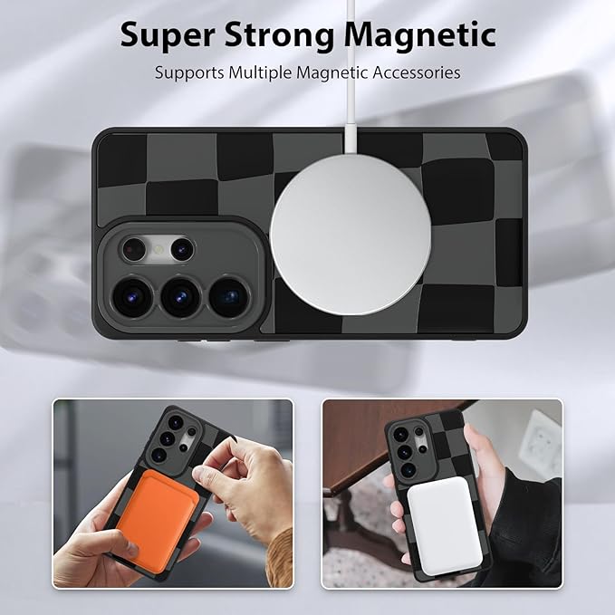 KANGHAR Compatible with Samsung Galaxy S26 Ultra Case, Support for MagSafe, Silicone Checkered Cute Pattern, Wristband Kickstand Camera Protection Soft Slim Cover for Girls Women -Black