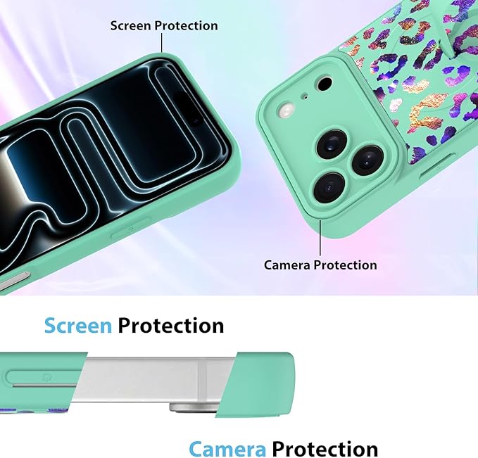 KANGHAR Compatible with iPhone 17 Pro Case, Support for MagSafe, Silicone Cute Iridescent Leopard Cheetah Pattern, Wristband Kickstand Shockproof Protective Slim Cover for Women Girls, Green