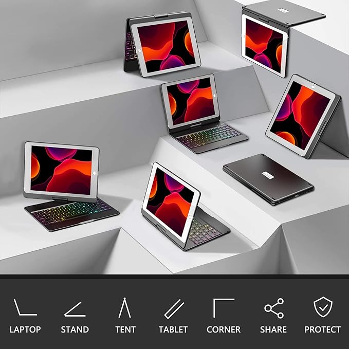 MMK for iPad 6th Generation Case with Keyboard | Compatible with iPad 5th Gen (2017) & iPad Air (1st, 2th Gen | 2013, 2014) & iPad Pro 9.7 inch (2016) | 10 Color Backlight & 360 Rotation-Black