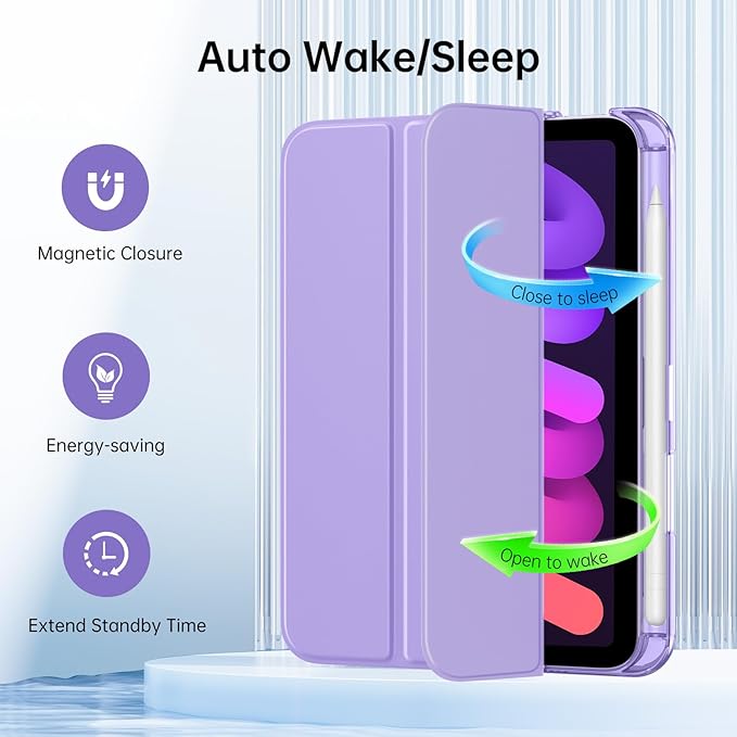 MoKo for iPad mini 7 A17 Pro Case 2024, iPad mini 6th Generation Case 8.3 Inch 2021 with Pencil Holder, Slim Light Trifold Smart Protective Cover with Hard PC Translucent Back Shell, Lilac