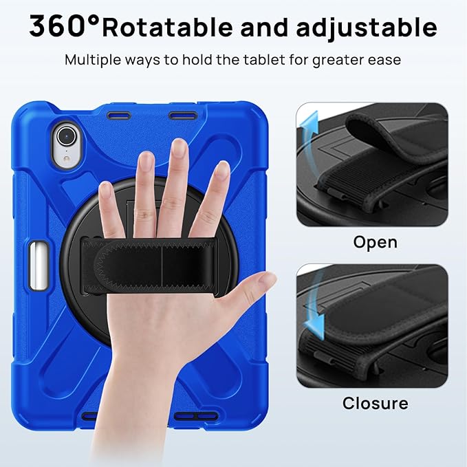 Gerutek Case for iPad mini 7 (A17 Pro) 2024/Mini 6 2021 8.3 inch, Shockproof Cover for iPad mini 7/6th Generation with Screen Protector, 360° Rotating Stand, Hand/Shoulder Strap, Pencil Holder-Blue