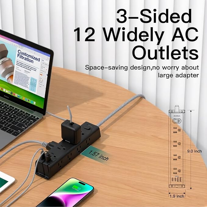 Addtam 10FT Power Strip Surge Protector, 12 Wide Spaced Outlets 4 USB Ports, Flat Plug Extension Cord, Wall Mount Outlet Extender, 1050J Protection for Desk Office Gaming, ETL Listed, Black