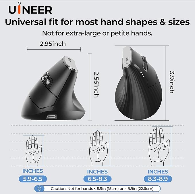 Uineer Vertical Ergonomic Mouse, Multi-Device Wireless Mouse with Bluetooth 5.0/4.0 & 2.4G, Rechargeable Computer Mouse for Laptop PC Office Home Desktop,4 DPI Optical Mice (Business Style, Black)