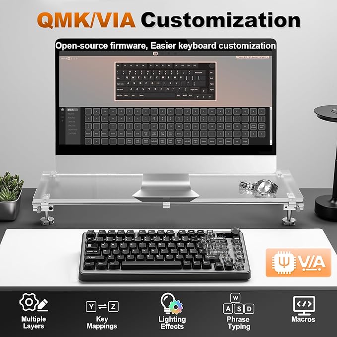 YUNZII B75 PRO MAX QMK/VIA Wireless Mechanical Keyboard,75% Layout with Screen and Knob,Custom Hot Swap Gasket,Creamy Pre-lubed Switches,Bluetooth/Type-C/2.4G for Win/Mac (Black,Milk V2 Switch)
