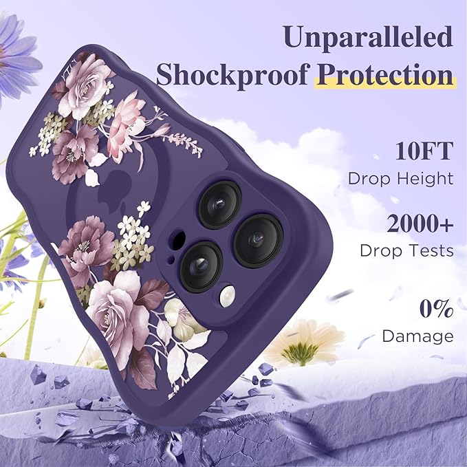GVIEWIN for iPhone 14 Pro Max Case Compatible with MagSafe [Curly Wave Edge][Full Camera Protection] Floral Translucent Shockproof Magnetic Women Phone Case for 14 Pro Max, Cherry Blossoms/Deep Purple