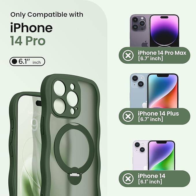 CAPRARO for iPhone 14 Pro Case with 360° Spin Magnetic Stand for Women, [Compatible with MagSafe] [Full Camera Protection] Cute Wave Translucent Matte Case for iPhone 14 Pro,Dark Green