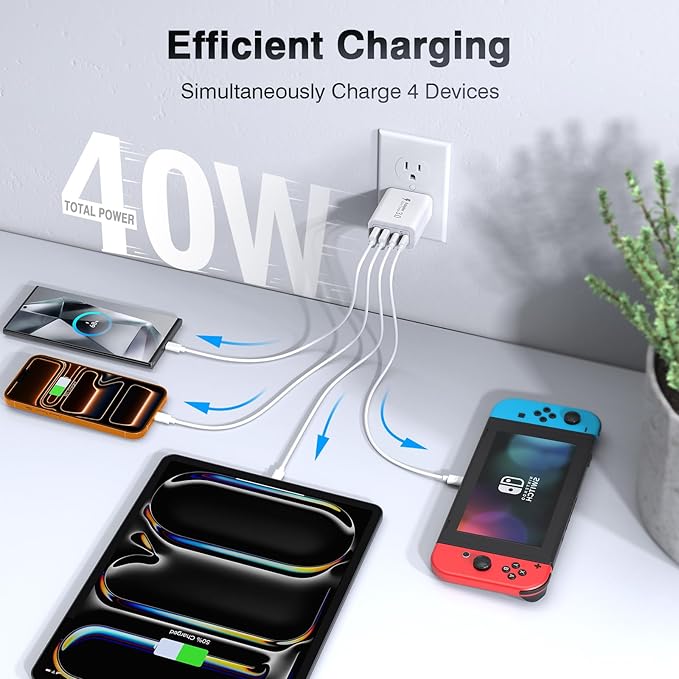 [2-Pack] 40W USB C Charger Block, 2-Pack 4-Port Type C Fast Charging Brick Dual PD&QC Wall Plug Adapter Power Brick for iPhone 13/14/15/16/17/Pro Max/Plus/iPad/Airpods/iwatch/Samsung Galaxy