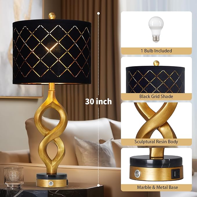 Cinyirong 30" Black and Gold Table Lamp for Living Room, Modern Touch Control Bedside Lamp for Bedroom, 3-Way Dimmable Sculptural Resin Nightstand Lamp with USB A+C Ports and 1 LED Bulb (1 Pack)