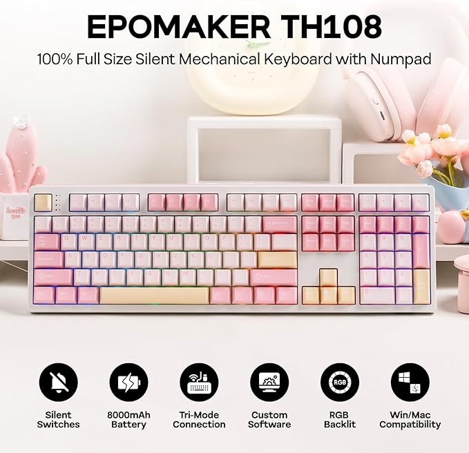 EPOMAKER TH108 Full Size Mechanical Keyboard, Wireless Gaming Keyboard with 8000mAh Battery, Creamy Gasket, 108 Keys, Hot Swap, Custom Driver, RGB Backlight (Pink, Sea Salt Silent)
