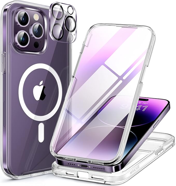 Miracase Magnetic for iPhone 14 Pro Case 6.1 inch, (Compatible with MagSafe) Upgrade Full-Body Clear Phone Bumper Case with Built-in 9H Tempered Glass Screen Protector, Magnetic Clear