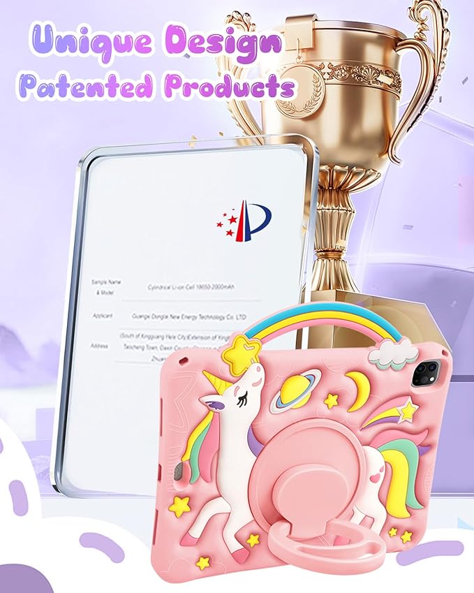 Boaretiu for iPad Air 11 inch Case(Air M4 2026, 8th Gen/M3 2025/M2)/Air 5th/4th Gen 10.9", for iPad Pro 11" Case(4th/3rd/2nd/1st Gen) - Cute Unicorn Cartoon Silicone with Strap & Stand for Kids Girls
