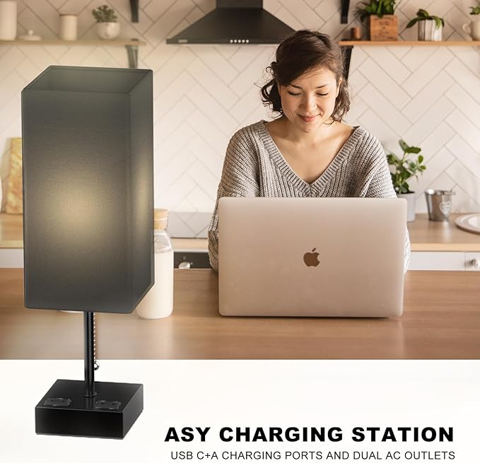 YIDPU Table Lamp for Bedroom with USB,Bedside Lamp with USB C+A Charging Ports,Adjustable 3color LED Light for Home Decor/Nightstand/Office,Included Bulb and Fabric Lamp Shade (Linen Black, 2PCS)