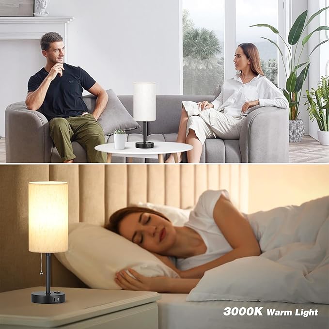 PartageiZ Pull Chain Table Lamp for Bedroom - 3 Color Temperatures, USB A + C Charging, AC Outlet, 17.4 inch Tall Bedside Lamp with E26 LED Bulb