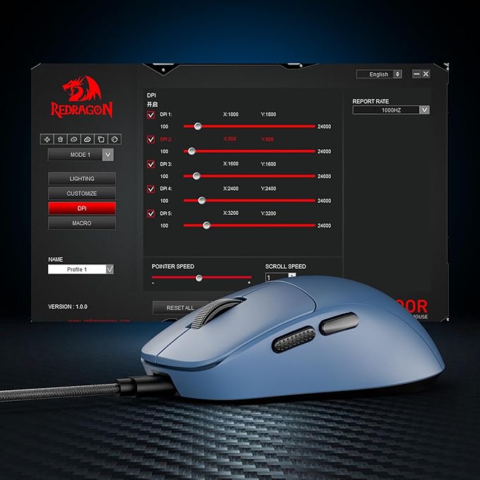 Redragon M817 Wired Gaming Mouse, 24000 DPI Optical Mice with 5 Programmable Buttons & Ergonomic Design, 37G Ultra Lightweight, Software Supports DIY Keybinds, Blue