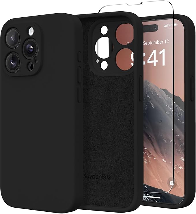 Magnetic for iPhone 15 Pro Max Case, Compatible with MagSafe, [Full Camera Protection][Screen Protector] Silicone Shockproof Protective Phone Case for iPhone 15 Pro Max 6.7", Black