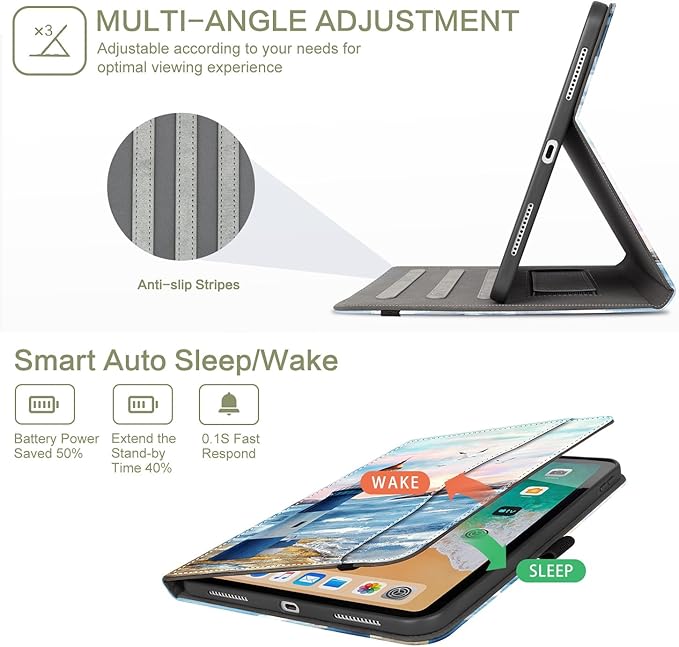 for iPad (A16) 11Th/10Th Generation Case 2025/2022, for iPad Case 11Th/10Th Generation, iPad11Th Gen Cover Pencil Holder/Hand Strap/Pocket/Screensaver Elastic Band, Blue Lighthouse Seagull