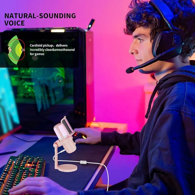 USB Microphone, Gaming Mic with 2 Pickup Patterns (Cardioid/Omnidirectional), RGB Lighting & Tap-to-Mute Sensor, 96KHz/24Bit Condenser Mic for Streaming, Podcast, Recording, Type-C Plug & Play (Pink)