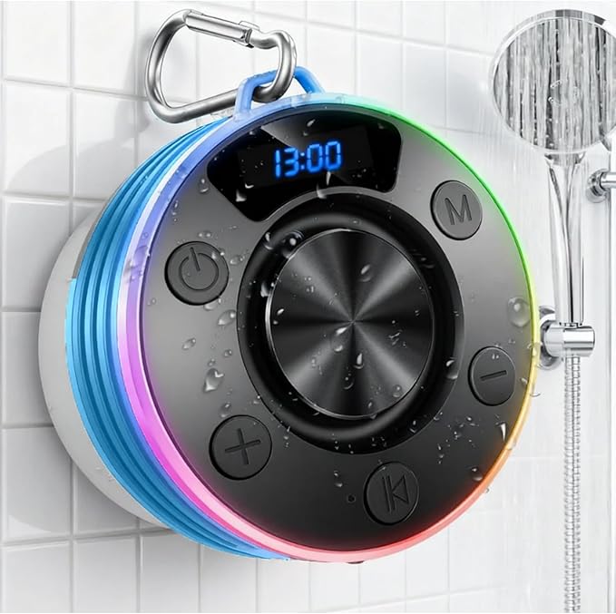 Speakers Bluetooth Wireless, Shower Speaker with Lights, IPX7 Waterproof Bluetooth Speakers with Suction Cup, Deep Bass, Built-in Mic, Digital Display, Portable Speakers Hook for Cycling Party Travel