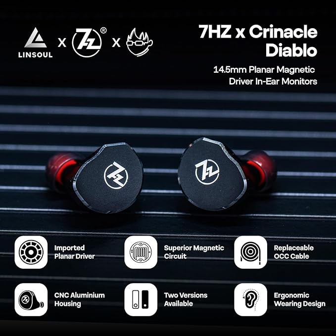 Linsoul 7Hz x Crinacle: Diablo/Divine in-Ear Monitors,14.5mm Planar Magnetic Driver IEM,HiFi Earbuds with Detachable 2 Pin Single Crystal Copper Cable,Earphone for Audiophiles(Diablo, Black)