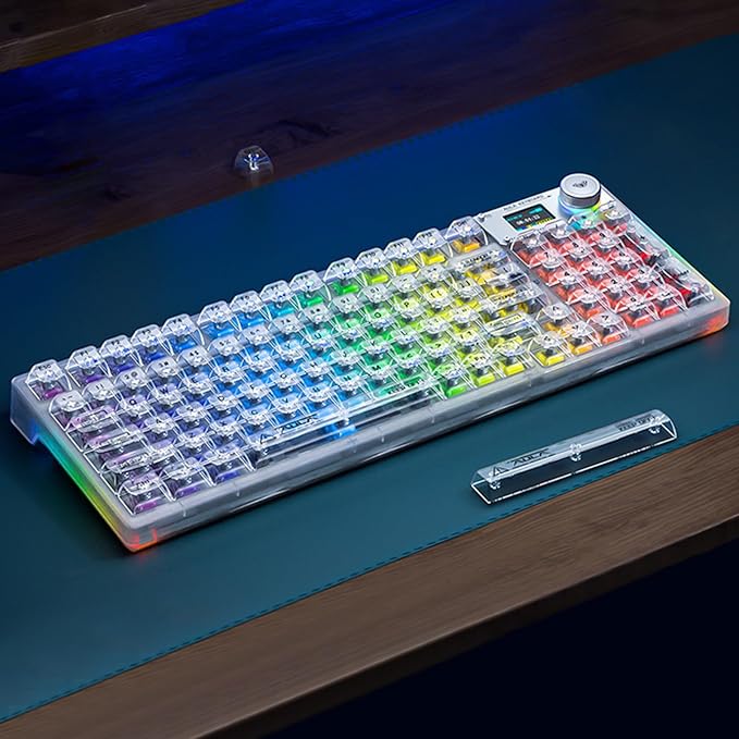 F98 Pro 95% Hot-Swappable Mechanical Keyboard – Transparent Keycaps, RGB Backlit Gaming Keyboard, Tri-Mode BT5.0/2.4G/USB-C, OLED Display, 4000mAh Battery, Pink (White)