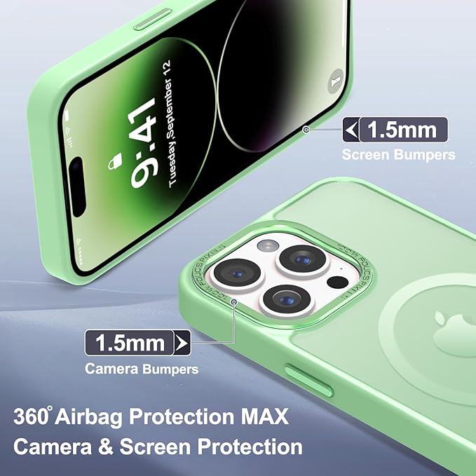 Newfuture Designed for iPhone 14 Pro Case with Magnetic [13 FT Military Drop Protection] [Compatible with Magsafe] Slim Translucent Matte Shockproof with Anti-Fingerprint Phone Case, Matcha Green