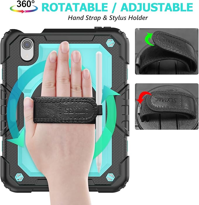 SEYMAC stock Case for iPad Mini 7 (A17 Pro)2024/ Mini 6 8.3'' with Screen Protector Pencil Holder [360 Rotating Hand Strap] &Stand, Drop-Proof Case for iPad Mini 7th/6th Generation 8.3", SkyBlue+Black
