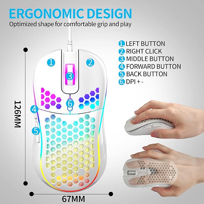Techsea Honeycomb Wired Gaming Mouse with RGB On/Off Switch, 7200 Adjustable DPI, Ergonomic Lightweight Design & High Precision Sensor for PC/Mac Gamers (White)